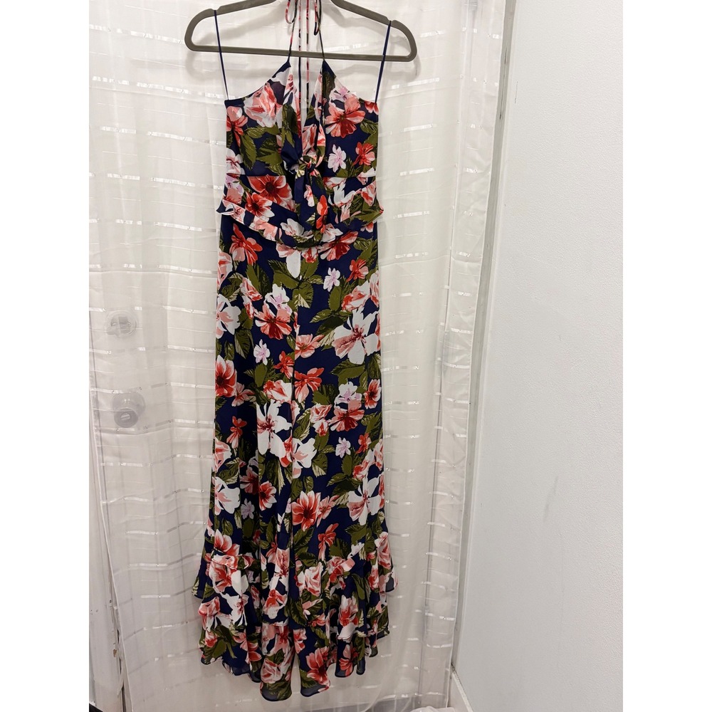 Gianni Bini Floral Halter Ruffle Hem Jumpsuit Navy Blue Coral Green Size M